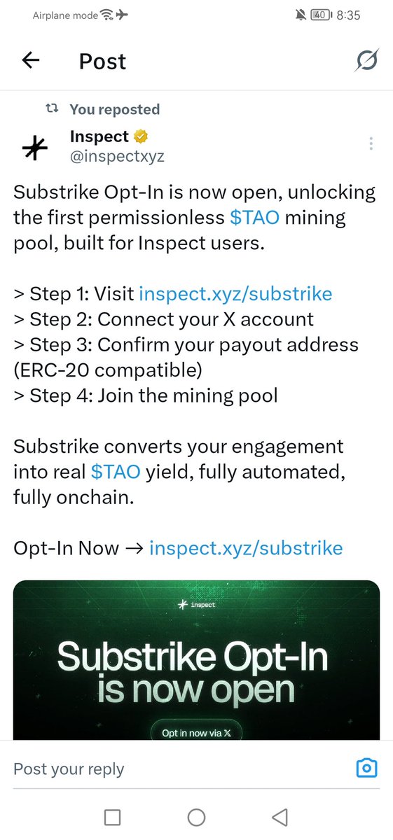 akosimrnft's tweet photo. Can we get $TAO 💵 by posting about @inspectxyz?
D answer is 'YES' 😊
JOIN NOW and start mining $TAO token. https://t.co/rT63a9vlfo