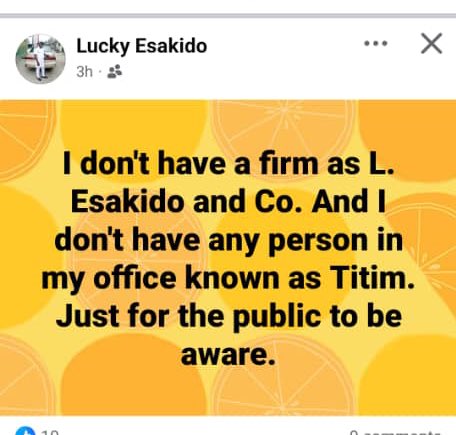 egi_nupe's tweet photo. On Facebook, he said he’s an intern in that lawyer’s firm, when we contacted that lawyer, see his disclaimer. https://t.co/dCbnUEFsZm