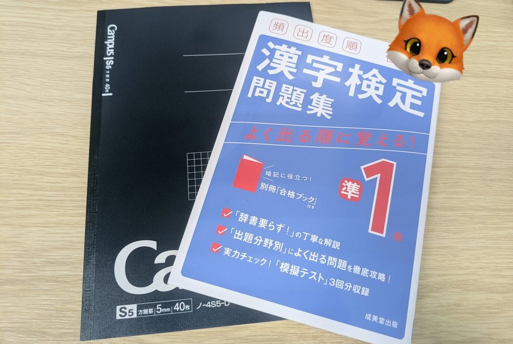 こんにゃるせ🦊📢🍥

この間本屋さんで買ったのは漢検の本でした📖
唐突に準1級をとりたい！って思ったので完全に勢いです(｡･о･｡)
お勉強楽しいモードなので気付いたらとんでもない時間が経っててあせあせしてます💦