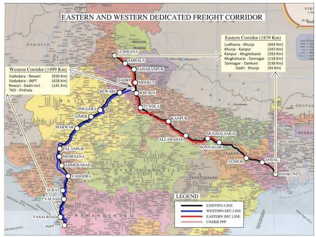 parthjoshi24's tweet photo. The Western Dedicated Freight Corridor (WDFC) 🚄 spans 1,506 km from Dadri (UP) to JNPT (Mumbai), passing key hubs: Dadri, Rewari, Jaipur, Ajmer, Palanpur, Ahmedabad, Vadodara, Surat, Vapi ➡️ JNPT. Backbone of DMIC, boosting trade &amp; industry ⚡📦.

 #WDFC #IndiaRail https://t.co/bIIERERhz7