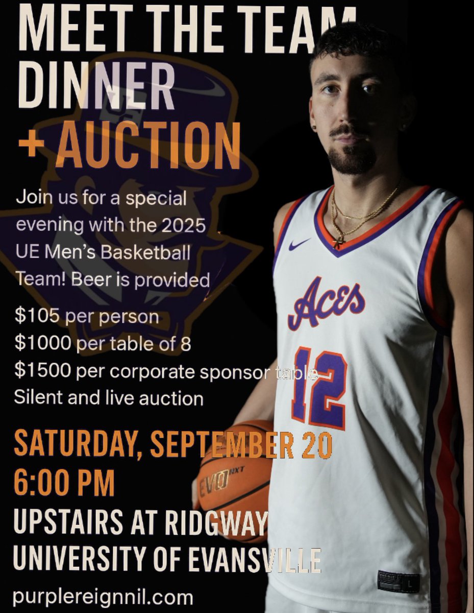 Meet the Team Dinner + Auction is back! 🍽️🏀
Come hang out with the 2025 UE Men’s Basketball Team, enjoy dinner, drinks, and a night of fun with both silent and live auctions.
Saturday, September 20
6:00 PM
Upstairs at Ridgway, University of Evansville

purplereignnil.com