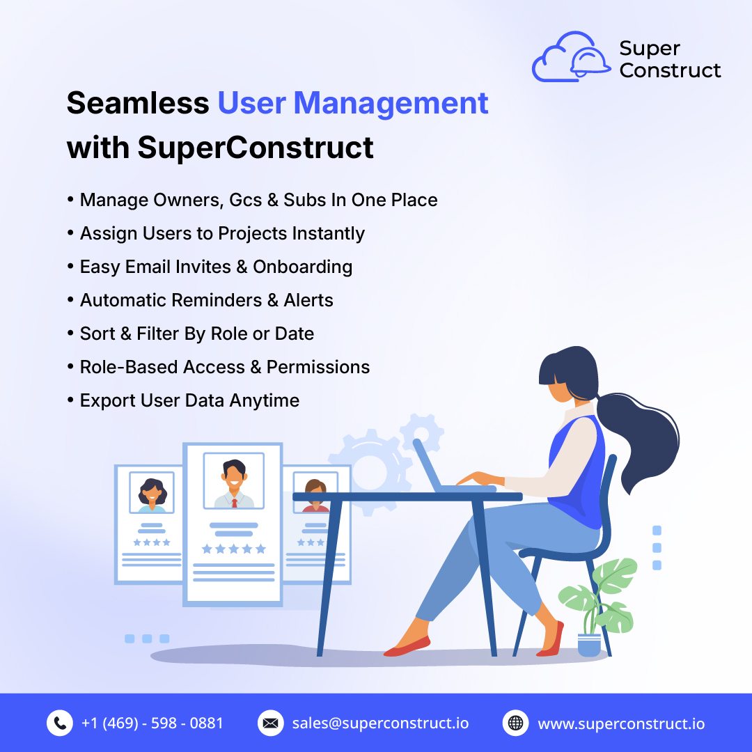isuperconstruct's tweet image. Stop chasing updates. 

SuperConstruct keeps your owners, GCs, and subs organized with role-based access, instant onboarding, and real-time visibility.

(469) 598-0881 | superconstruct.io
#UserManagement #Builders #GeneralContractors #SuperConstruct