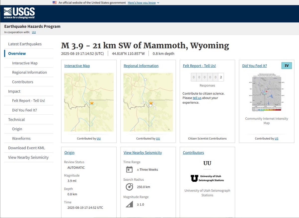 #sismo #temblor
Las calderas que en estos momentos tienen sismicidad interesante y deformación constante son:
- Laguna del Maule (Chile)
- Campi Flegrei (Italia)
y ahora, #Yellowstone (USA) con un M3.9 a 800m de profundidad focal
Alguna otra que falte por mencionar?