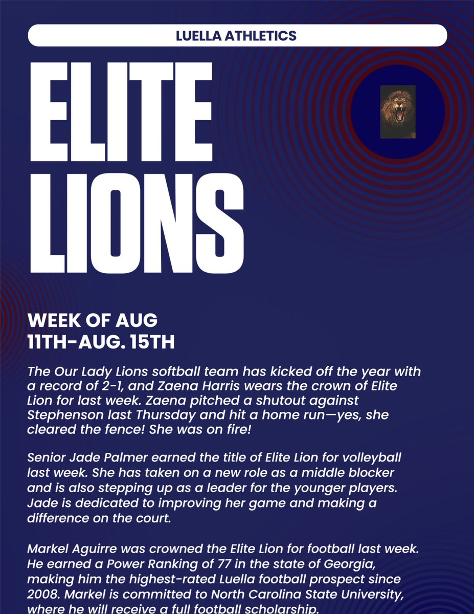 Athletics is off and running in the Den!  Here are our Elite Lions for the week of Aug. 11th-15th.  <a href="/LuellaHS_HCS/">Luella High School</a> <a href="/AthleticsHenry/">Henry County Schools Athletics</a>