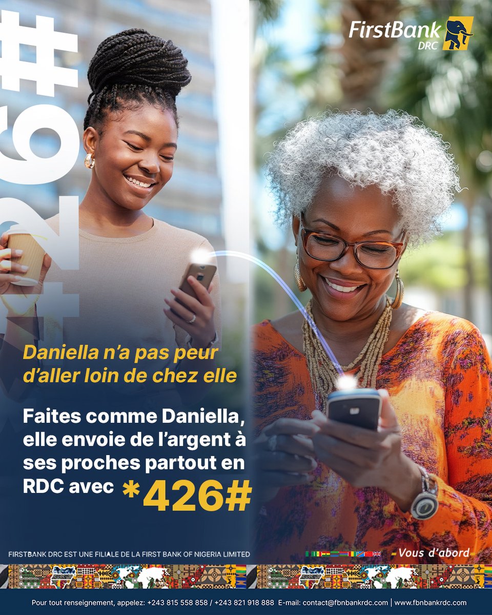 Même à des kilomètres de sa famille, Daniella garde le lien grâce à *426#.

Envoyez de l’argent rapidement, en toute sécurité, partout en RDC.

#FirstBankRDC #vousdabord  #DRC #lavraieexperiencedigitale #EnvoyerDeLargent