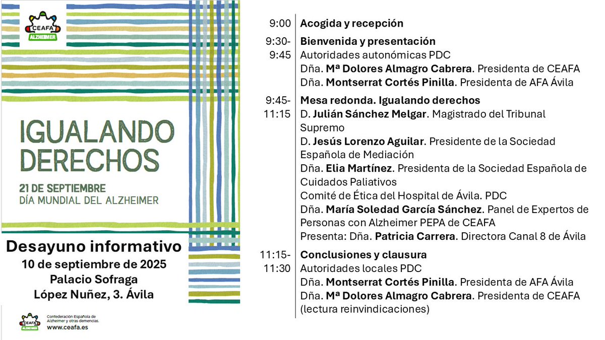👥Jornada Presencial/Virtual #DíaMundialAlzheimer2025

📅10/09 🕤9:00
📍Palacio Sofraga, Ávila

Bajo el lema 'Igualando derechos', #CEAFA reivindica dignidad y derechos para las personas con #Alzheimer

ℹ️ Más información:
➡️ceafa.es/es/que-hacemos…

#AlzheimerIgualandoDerechos