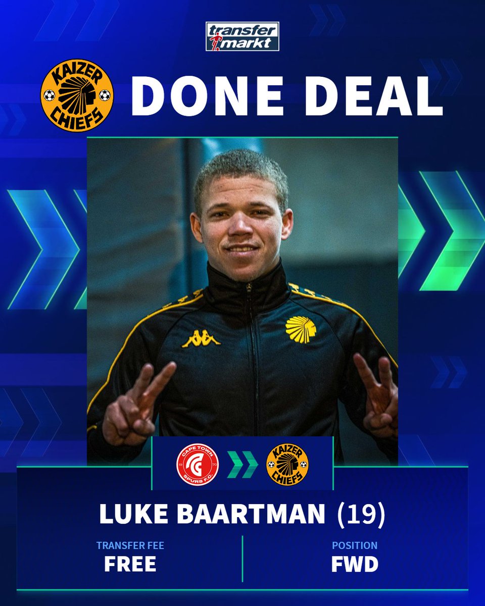 𝗕𝗔𝗔𝗥𝗧𝗠𝗔𝗡 𝗨𝗡𝗩𝗘𝗜𝗟𝗘𝗗 𝗔𝗦 𝗞𝗛𝗢𝗦𝗜

Luke Baartman has been unveiled as a Kaizer Chiefs player, making it Chiefs' 9th signing of the transfer window. ✌️

Baartman's profile ➡️ transfermarkt.co.za/s/fu95

📸 KaizerChiefs