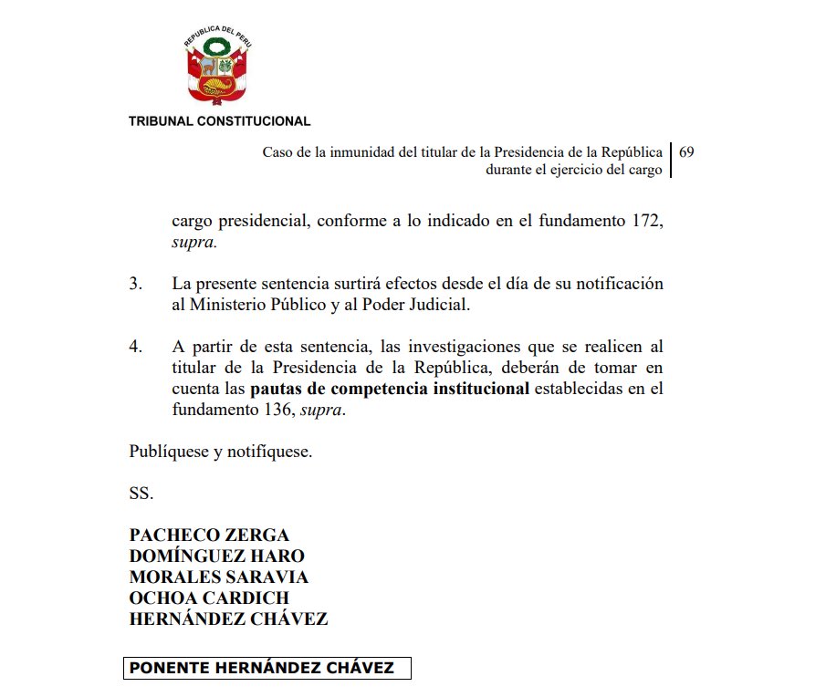 #URGENTE 🚨El Tribunal Constitucional declaró fundada la demanda competencial del Ejecutivo contra el Poder Judicial y el Ministerio Público. Por ende, se suspenden las investigaciones contra la presidenta Dina Boluarte hasta que culmine su mandato. 🧵