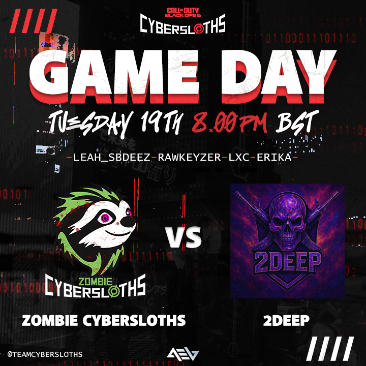 Tonight Zombie Cybersloths play 2DEEP in AEL at 8pm

Player POV - Leah: twitch.tv/leah_sbdeez

Let's go sloths 🦥
<a href="/teamcybersloths/">Cybersloths</a>