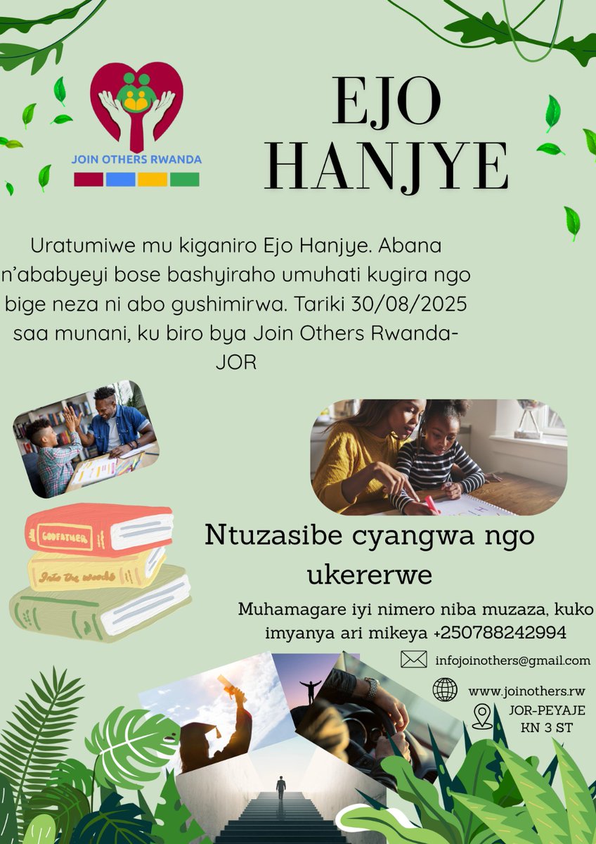Mwana tegura ejo hawe uko mu muryango wawe byaba bimeze kose, haranira kubaka ejo hawe utisanishije n'ibibazo birangwa mu muryango wawe. Kubirenga birashoboka. Mu kiganiro Ejo Hanjye, bazakubwira uko wabigeraho. <a href="/Rwanda_Child/">National Child Development Agency | Rwanda</a> <a href="/RwandaGender/">Ministry of Gender & Family Promotion | Rwanda</a> <a href="/Rwanda_Edu/">Ministry of Education | Rwanda</a> <a href="/REBRwanda/">Rwanda Basic Education Board</a>