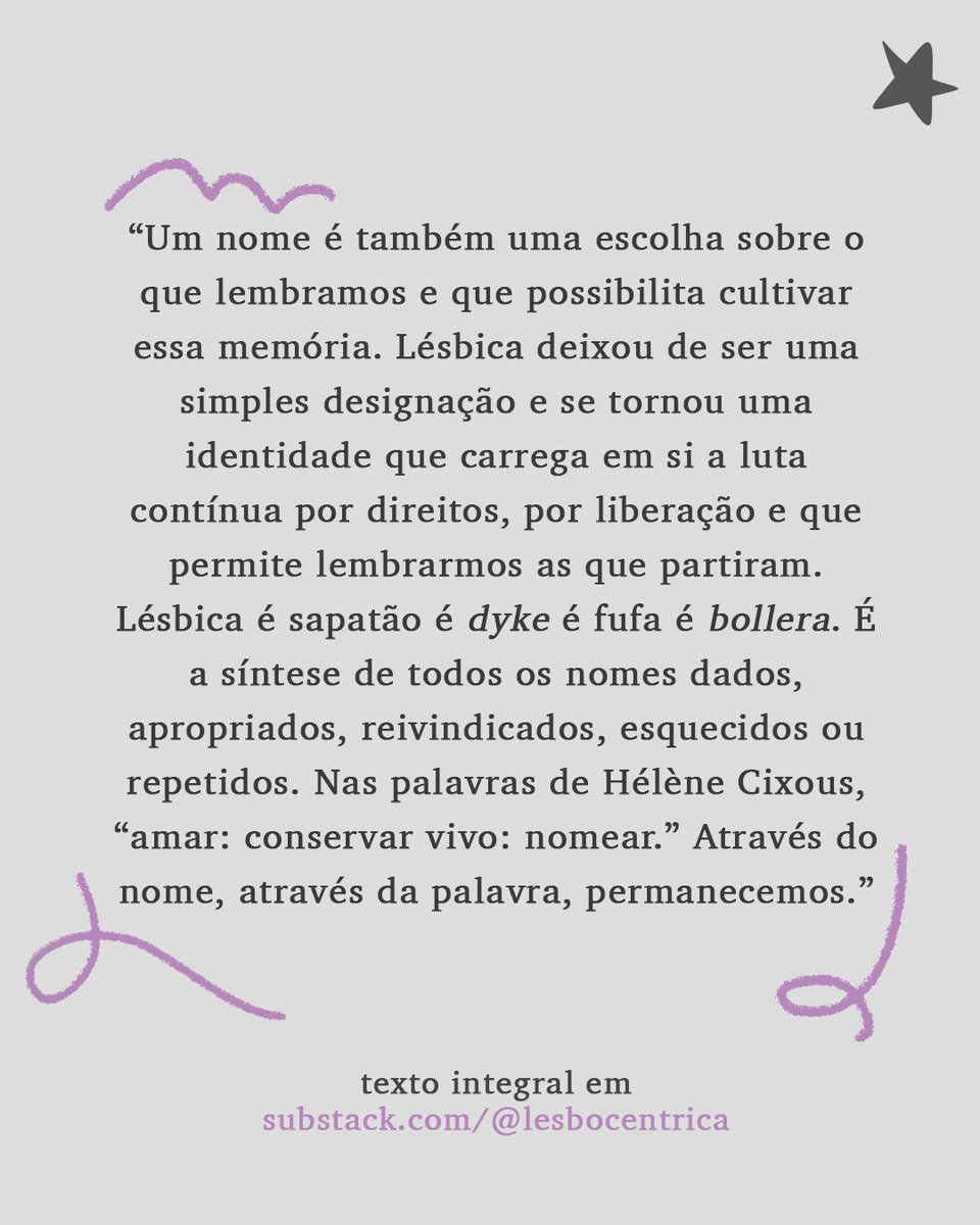 hoje é o dia nacional do orgulho lésbico. não havia data melhor para trazer esse projeto ao mundo!

lesbocêntrica é um espaço que convida à reflexão sobre o ser lésbica na história e na cultura.

e o que há por trás de um nome?
leia aqui. 🪻🤍

open.substack.com/pub/lesbocentr…