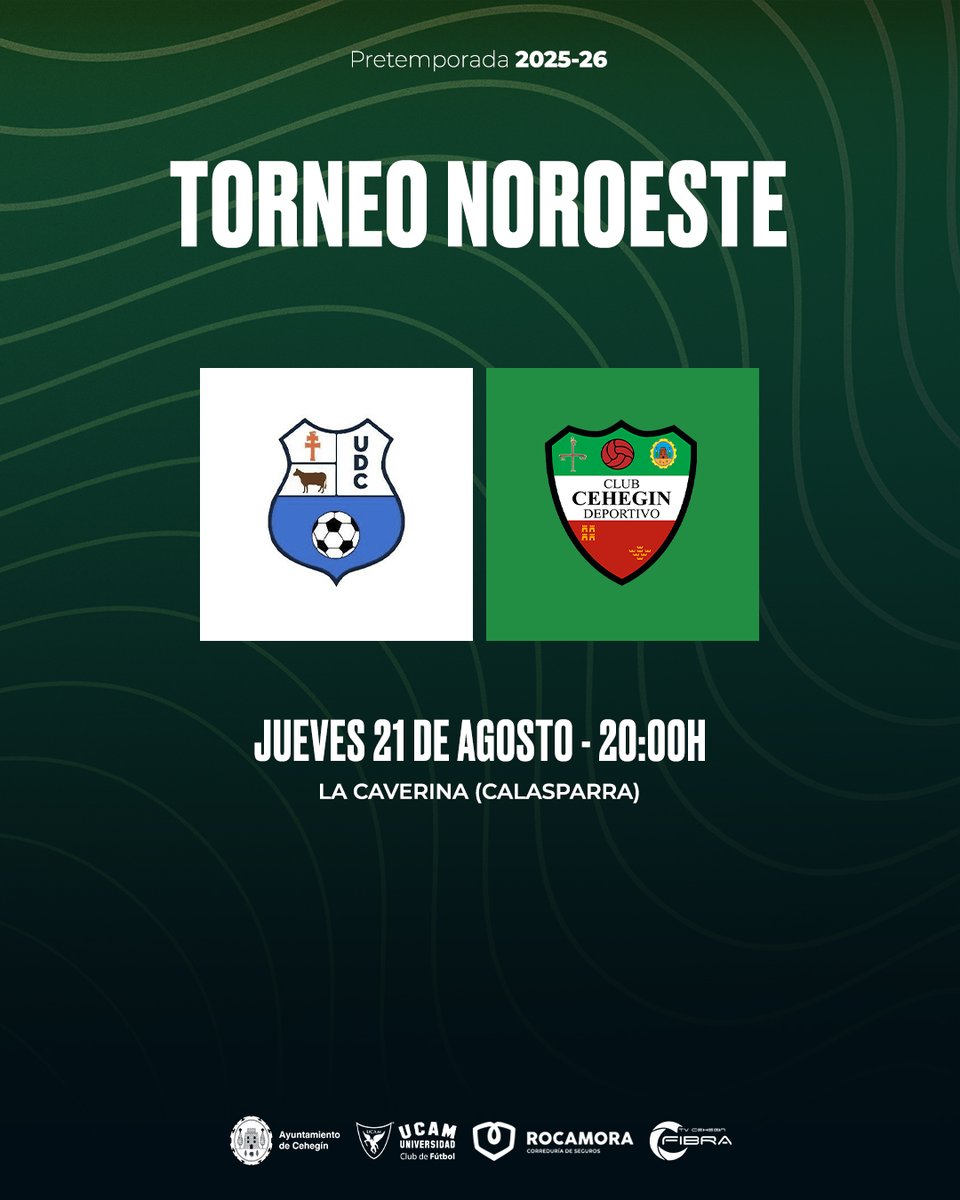 🏆 Torneo del Noroeste

📆 Jueves 21 de agosto
🏟 Campo de Fútbol "La Caverina" (Calasparra)

🆚 Bullas Deportivo
🕢 19:00H

🆚 UD Caravaca
🕢 20:00H
