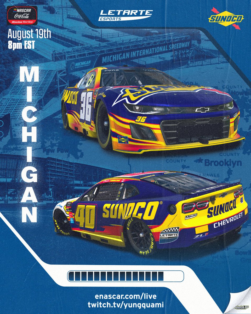 🏁: <a href="/ENASCARGG/">ENASCAR</a> <a href="/CocaColaRacing/">Coca-Cola Racing</a> <a href="/iRacing/">iRacing</a> Series
📍: <a href="/MISpeedway/">Michigan International Speedway</a>
⏰: 8 p.m. ET (7:30 prerace)
🖥️: eNASCAR.com/Live

<a href="/SunocoRacing/">Sunoco</a>
#eCCiS / #eNASCAR / #FuelingVictories