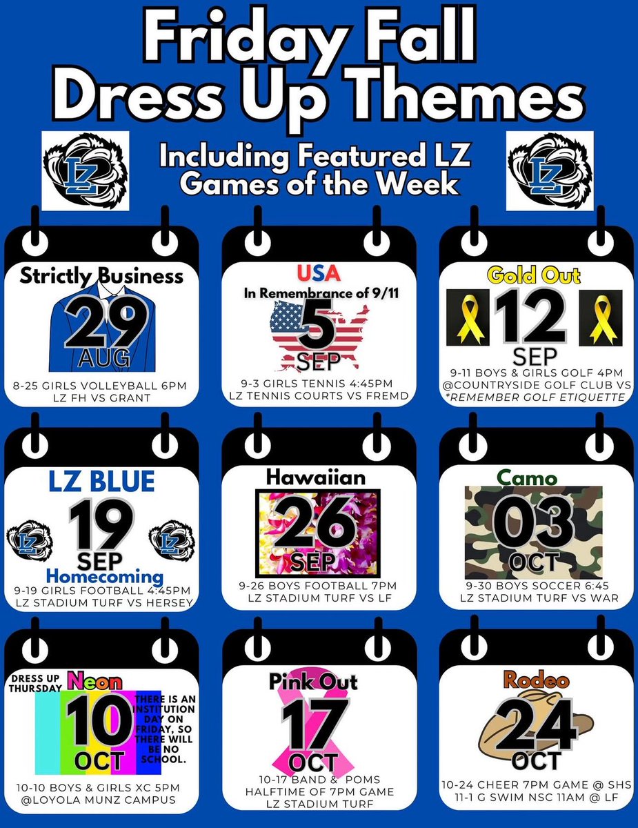 Check out the Fall dress up themes‼️Get creative with the Bear spirit while keeping it school-friendly! Also, check out the featured games and cheer on your fellow classmates. GO BEARS!!🐻💙 #WeAreLZ #GoBears <a href="/johnwalshD95/">John L. Walsh</a> <a href="/GalltKelley/">Dr. Kelley Gallt</a>