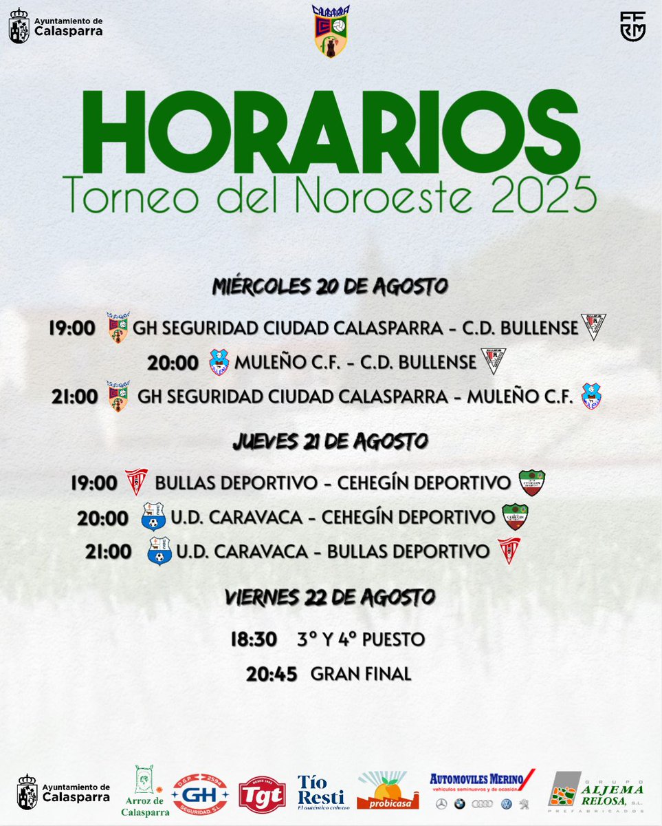 🏆 Torneo Del Noroeste

📆 Mañana da comienzo en Calasparra una nueva edición del Torneo del Noroeste. Una ocasión sensacional para ver a los equipos de la Comarca enfrentarse entre ellos.

👉 Nuestro equipo se enfrentará el jueves al UD Caravaca y al Bullas Deportivo.