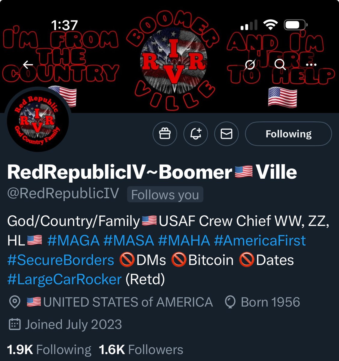 Please follow this USAF veteran who follows back. Thank you for your service. ⁦<a href="/RedRepublicIV/">RedRepublicIV~Boomer🇺🇲Ville</a>⁩