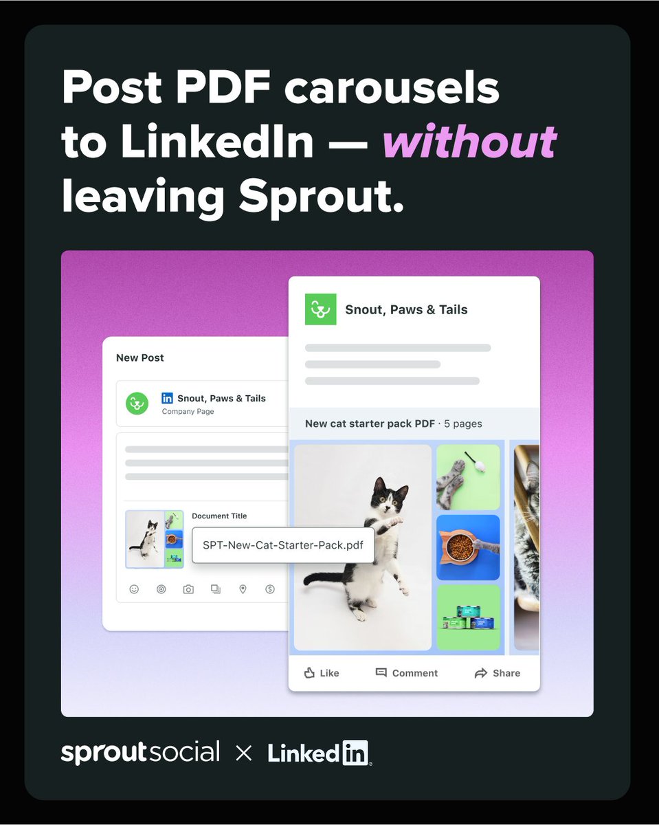 SproutSocial's tweet image. Sharing again because it’s too good to miss 🥳 

Sprout now supports publishing LinkedIn PDF carousels directly—no more downloading assets or jumping over to LinkedIn to post natively.

And if you joined us for Breaking Ground: The Social-First Customer Journey last week, you…