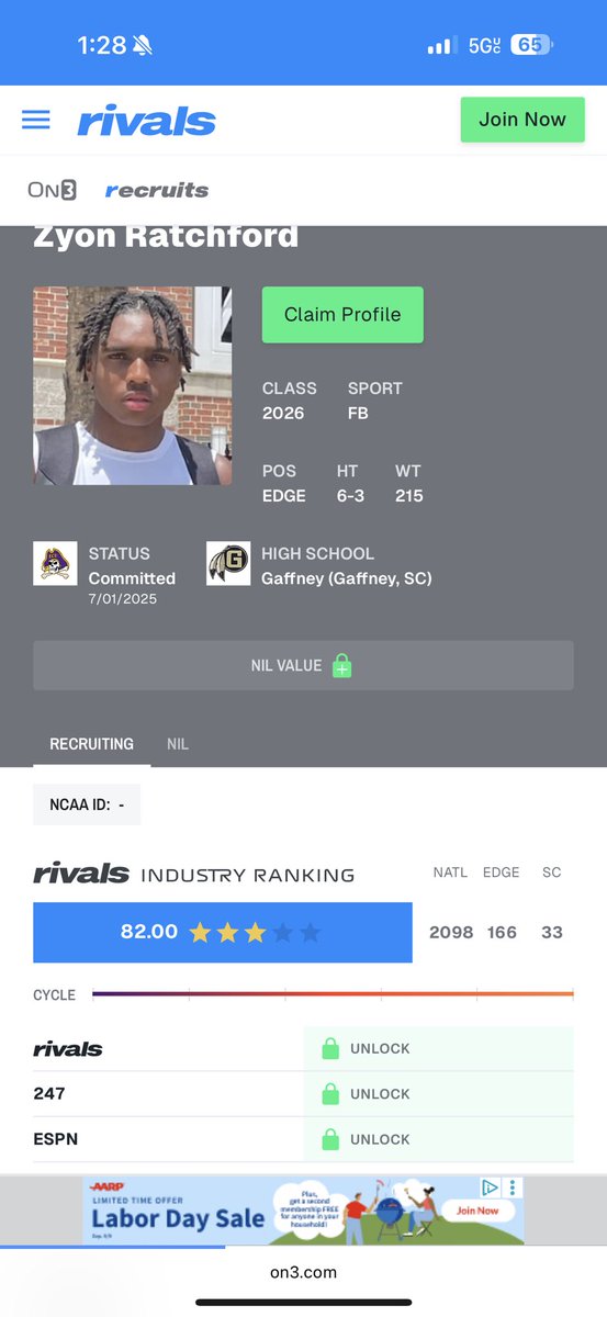 Thank you <a href="/Rivals_HS/">Rivals High School</a> <a href="/On3sports/">On3</a> for recognizing my talent enough for 3 stars I am truly blessed and grateful 🙏🏾🙏🏾<a href="/GaffneyFootball/">Gaffney Football</a> <a href="/fishN_Kev/">Kevin Phillips</a> <a href="/IndianNupe/">Coach LJ</a> <a href="/7JayMac/">Coach Mac💪🏾</a> <a href="/CoachBMullins19/">Brandon Mullins</a> <a href="/CoachBirch93/">Randy Birch</a> <a href="/BKCuc/">Canupp</a> <a href="/Coach_I_Cooper/">Coach Ian Cooper</a> <a href="/Coach_VanHorn/">Brad Van Horn</a> <a href="/On3Keith/">Keith Niebuhr</a> <a href="/247recruiting/">247Sports Recruiting</a> <a href="/247Sports/">247Sports</a>
