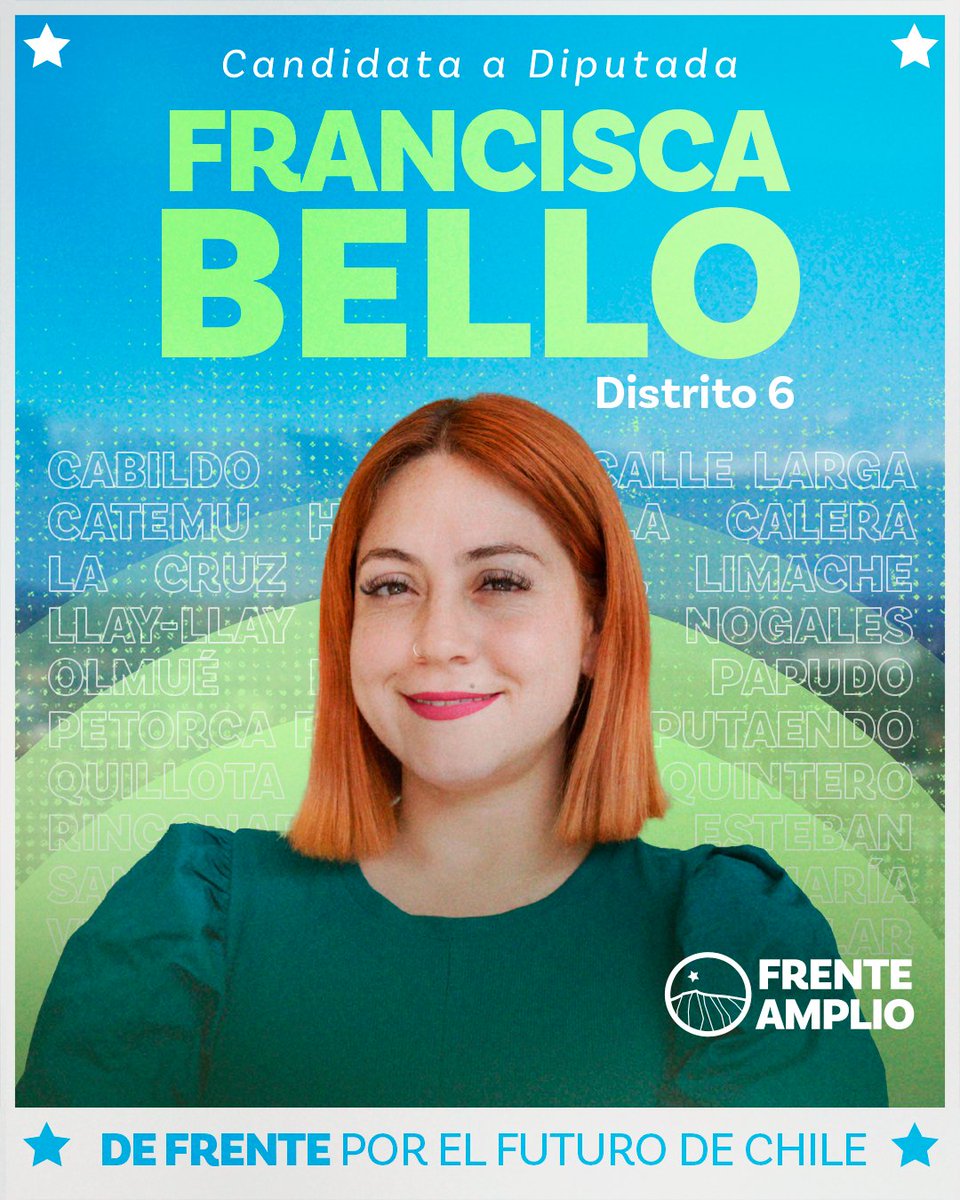 Frente Amplio Chile (@elfrente_amplio) on Twitter photo María Francisca Bello quiere seguir trabajando por la región de Valparaíso, cordillera y busca la reelección por el distrito 6 de nuestro país.
Francisca, de frente al futuro ✨
<a href="/mfranbello/">Francisca Bello C</a> María Francisca Bello quiere seguir trabajando por la región de Valparaíso, cordillera y busca la reelección por el distrito 6 de nuestro país.
Francisca, de frente al futuro ✨
<a href="/mfranbello/">Francisca Bello C</a>