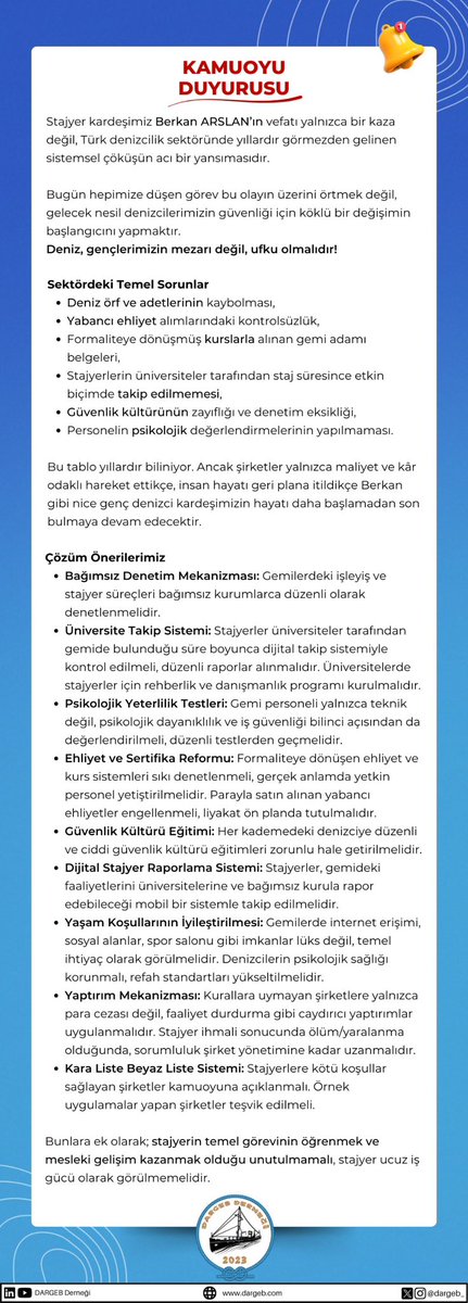 dargeb_'s tweet photo. Kamuoyu Açıklaması 
Stajyer kardeşimiz Berkan ARSLAN’ın vefatı yalnızca bir kaza değil, Türk denizcilik sektöründe yıllardır görmezden gelinen sistemsel çöküşün acı bir yansımasıdır. 

Deniz, gençlerimizin mezarı değil, ufku olmalıdır! https://t.co/J9N99hgn3j
