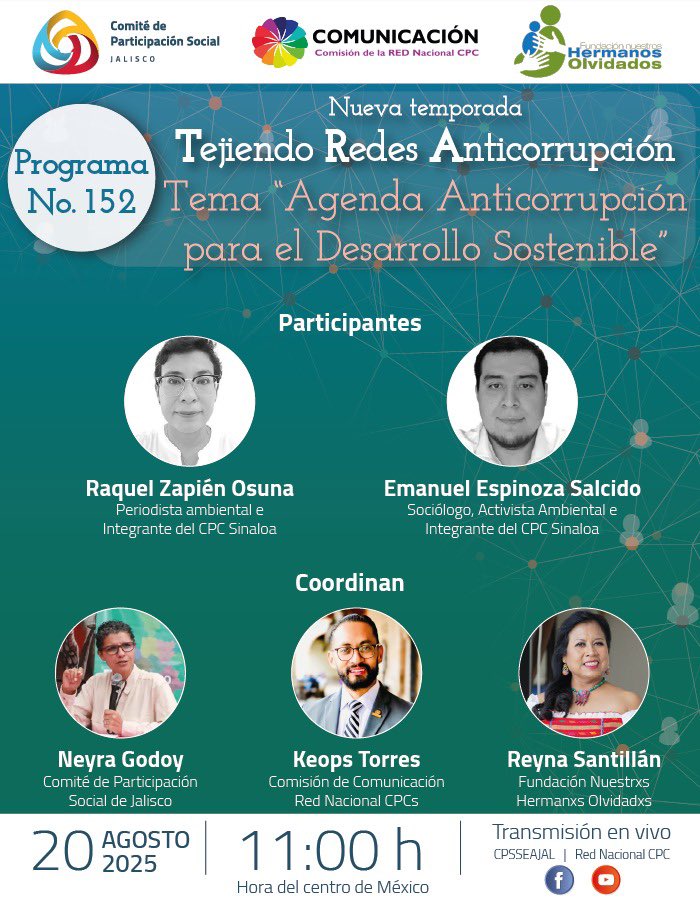 cpsseajal (@cpsseajal) on Twitter photo 📌#NoTeLoPierdas | 🗓️Mañana 20 de agosto a las ⏰11:00 horas (Centro de México).
💬Programa #TejiendoRedesAnticorrupción con el tema “#AgendaAnticorrupción para el #DesarrolloSostenible”.
🗣️<a href="/raquelzapien/">Raquel Zapien</a> y Emanuel Espinoza, integrantes del <a href="/cpcsinaloa/">CPCSINALOA</a>. 📌#NoTeLoPierdas | 🗓️Mañana 20 de agosto a las ⏰11:00 horas (Centro de México).
💬Programa #TejiendoRedesAnticorrupción con el tema “#AgendaAnticorrupción para el #DesarrolloSostenible”.
🗣️<a href="/raquelzapien/">Raquel Zapien</a> y Emanuel Espinoza, integrantes del <a href="/cpcsinaloa/">CPCSINALOA</a>.