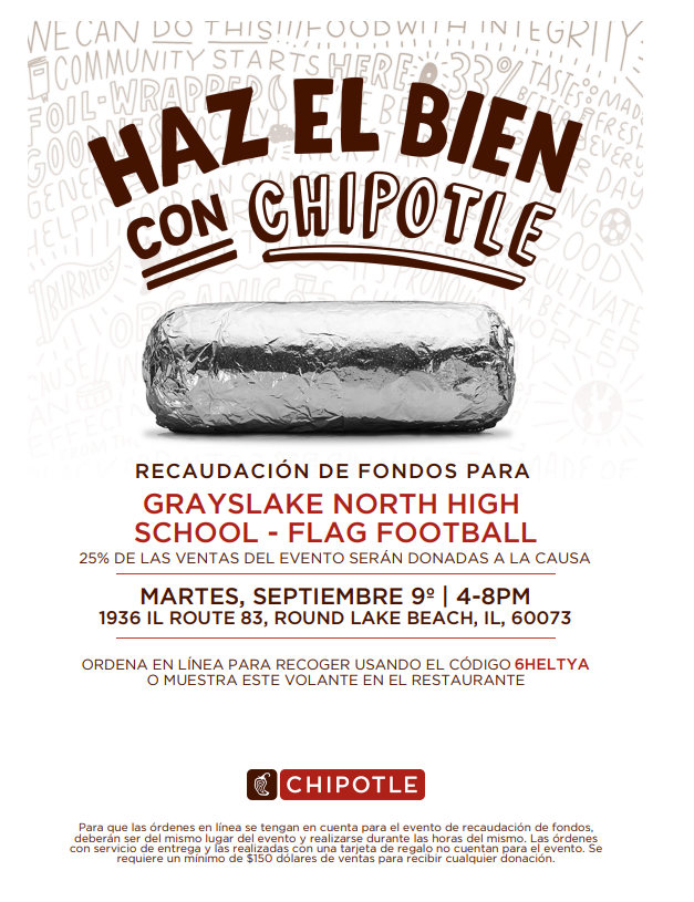 GNHS Flag Football (@gnhs_flagfb) on Twitter photo Stop by Chipotle on Tuesday, September 9th from 4:00pm-8:00pm at the Round Lake Beach location to show support for our GNHS Flag Football program! <a href="/GNHSAthletics/">GN Knights Athletics</a> Stop by Chipotle on Tuesday, September 9th from 4:00pm-8:00pm at the Round Lake Beach location to show support for our GNHS Flag Football program! <a href="/GNHSAthletics/">GN Knights Athletics</a>