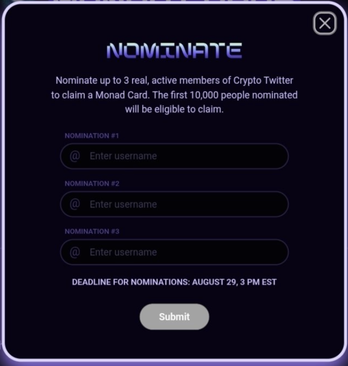 Intern can nominate 3 people for a <a href="/monad/">Monad ⨀</a> card.

Drop a reply if you want to be nominated.