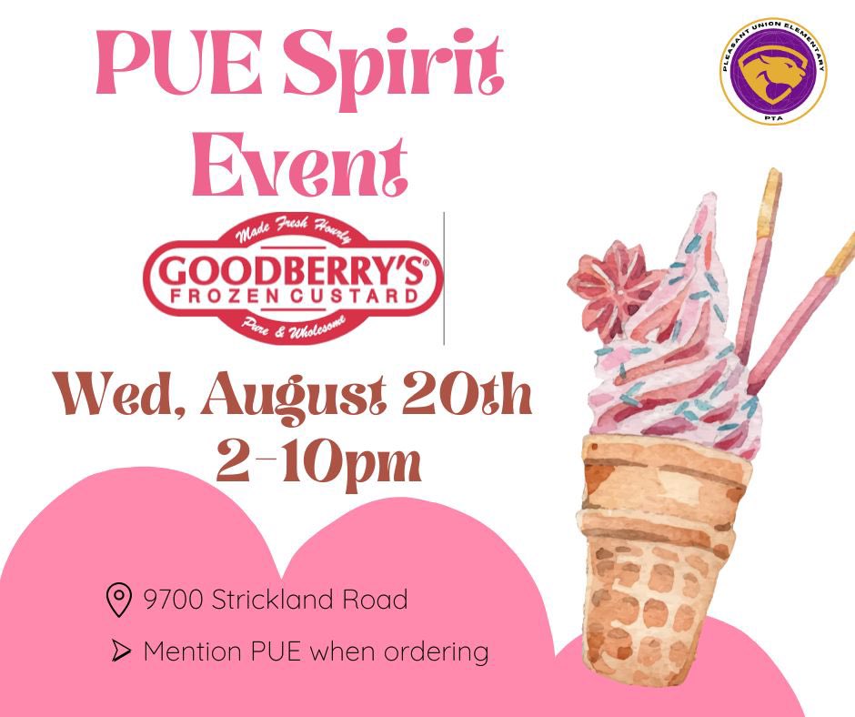 Join us for another delicious spirit event 🍦 
Tomorrow, Wednesday, August 20th at Goodberry’s.
2-10pm 
9700 Strickland Road location. Don’t forget to mention PUE when ordering! 
#puespiritevent
#puepta