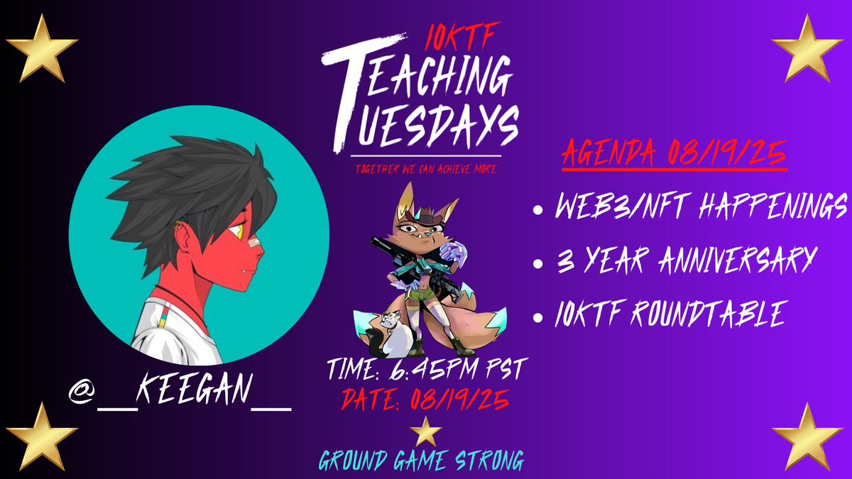 Stop in this week for another 10KTF Teaching Tuesdays⭐️

Tonight: 3 Year Anniversary 
*Special Guest 👀🤔

x.com/i/spaces/1YpKk…
Link to spaces above 👆👆👆
