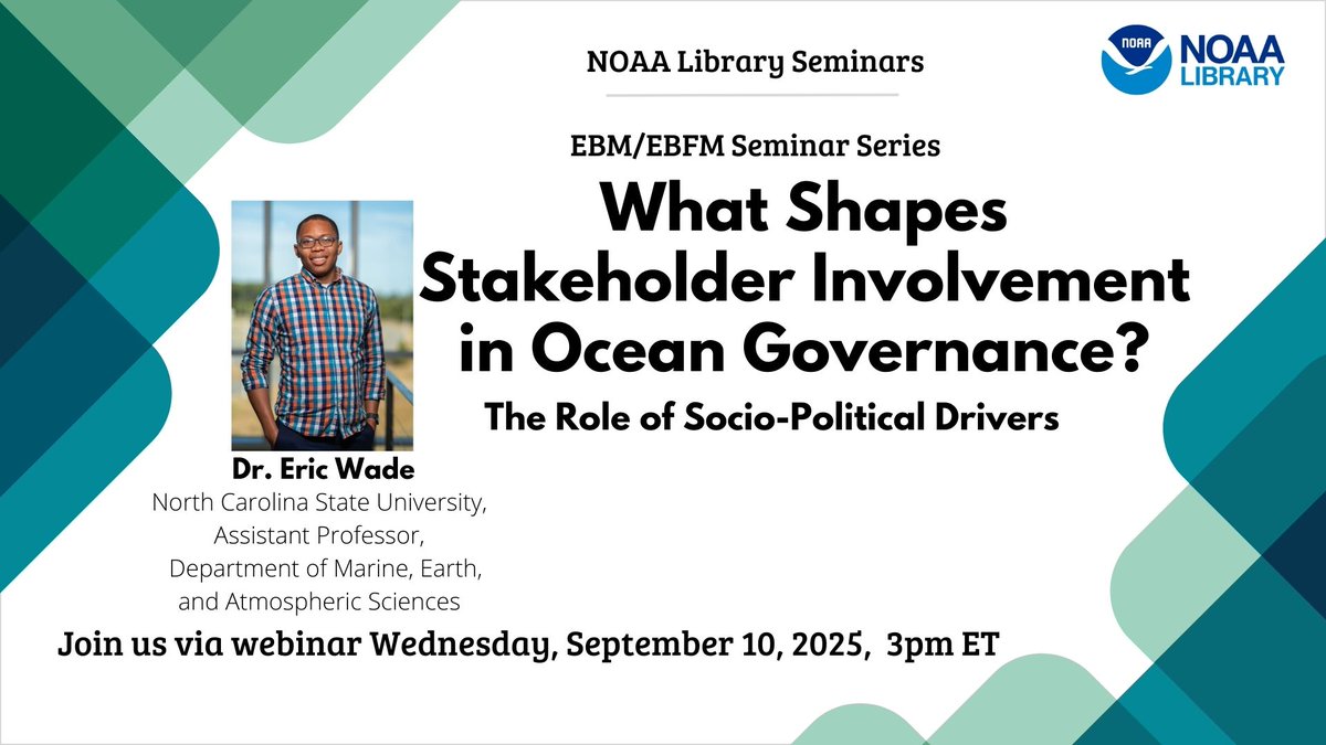 NOAA Library (@noaalibrary) on Twitter photo Reminder: Our next EBM/EBFM seminar is happening tomorrow (Sep 10th) at 3pm ET. 
What Shapes Stakeholder Involvement in Ocean Governance? The Role of Socio-Political Drivers. 
Register: vimeo.com/event/5323002 Reminder: Our next EBM/EBFM seminar is happening tomorrow (Sep 10th) at 3pm ET. 
What Shapes Stakeholder Involvement in Ocean Governance? The Role of Socio-Political Drivers. 
Register: vimeo.com/event/5323002