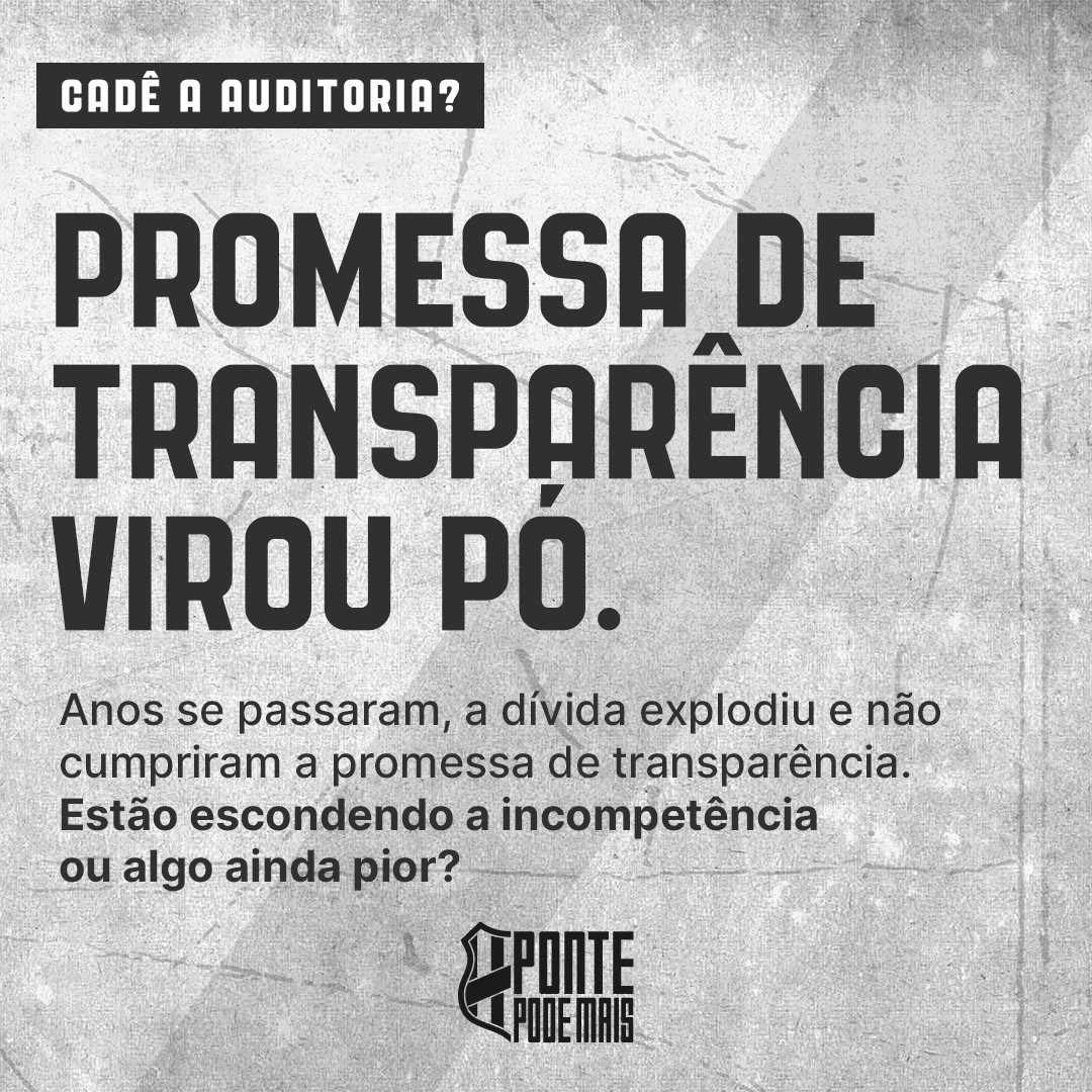 PontePodeMais's tweet photo. No início da gestão, prometeram uma auditoria independente para expor a real situação financeira. Anos se passaram, a dívida explodiu e a tal "auditoria cristalina" nunca apareceu de forma clara para o torcedor. Estão escondendo o quê? https://t.co/phFkAONfFc