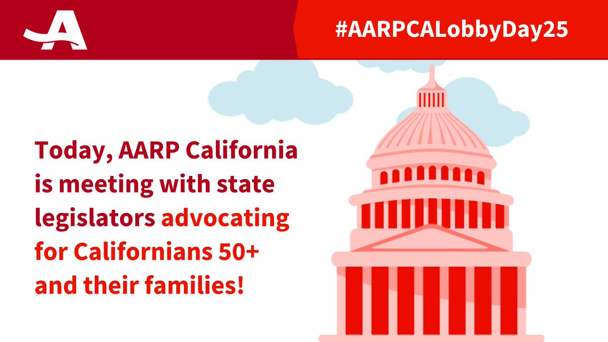 Today, <a href="/AARPCA/">AARP California</a> volunteers and staff are showing up strong and meeting with California legislators to champion our 2025 priorities:
🏠 Housing (AB 462 &amp; SB 79)
🚦 Transportation Safety (SB 71)
⚡ Energy Affordability (AB 1167)
👨‍👩‍👧 Paid Family Leave (SB 590)

#AARPCALobbyDay25