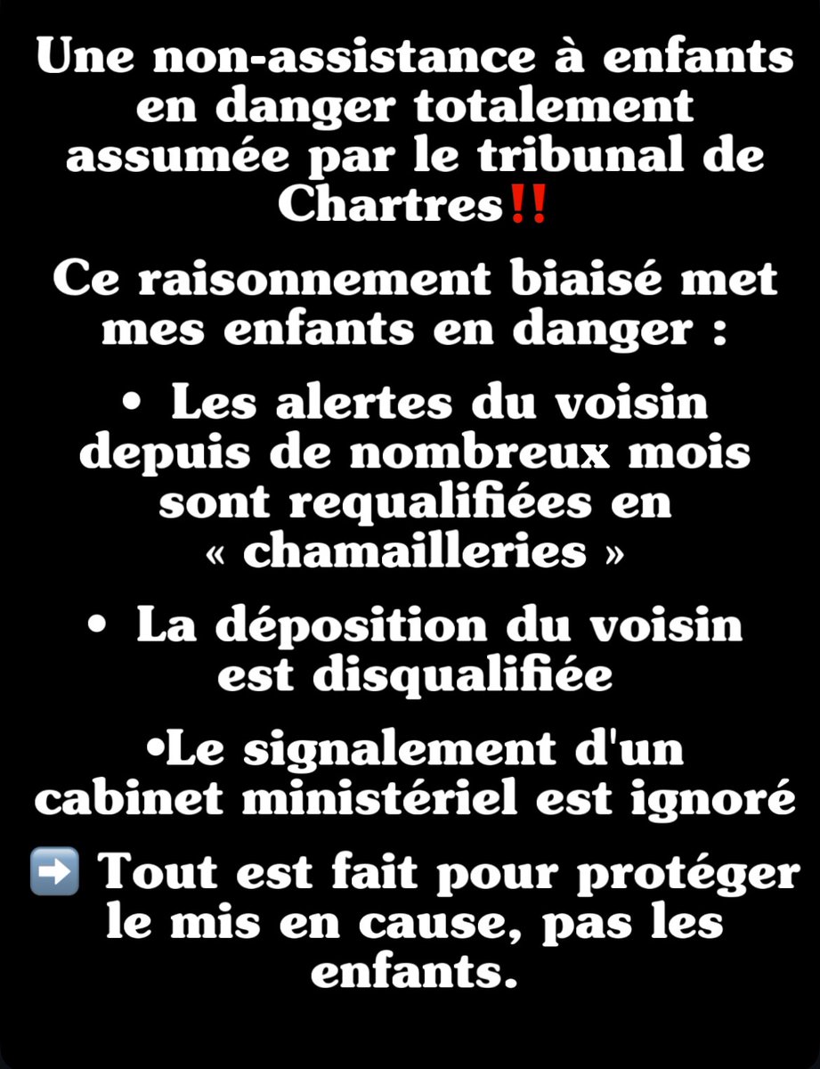 SOS 🆘 non assistance à enfants en danger !!!‼️ 
Pete déjà condamné pour violences sur ses enfants, en instruction pénale ouverte pour v!0ls incestueux par ascendant et le tribunal de Chartres maintient les enfants chez lui 
Une séquestration d’état !!!
SOS <a href="/GDarmanin/">Gérald DARMANIN</a>