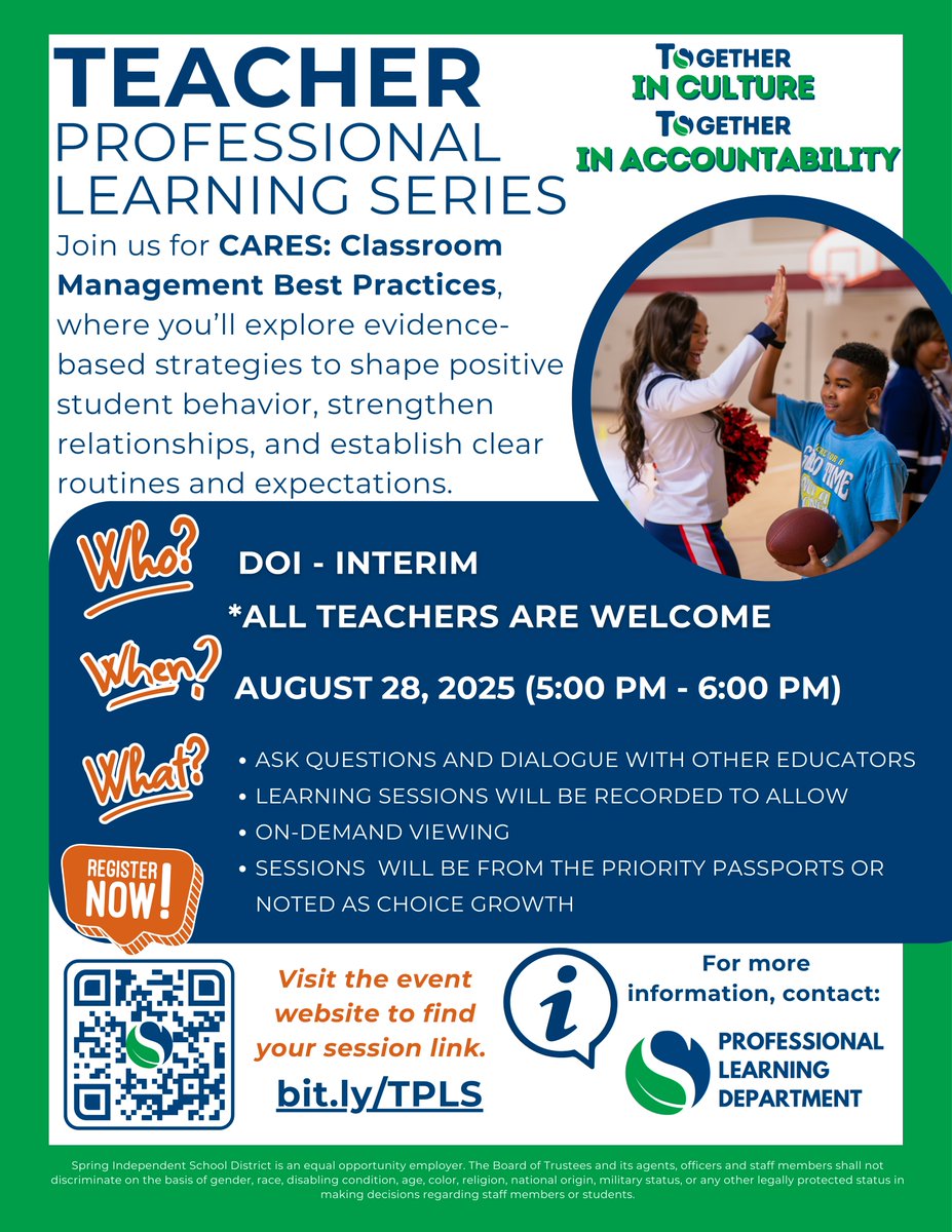 Spring ISD Professional Learning Department (@sisd_theforce) on Twitter photo CARES: Classroom Management Best Practices
Shape positive student behavior, strengthen relationships, & set clear expectations for classroom and student success. #CARES #TPLS <a href="/moniqueslewis/">Monique Lewis, Ed.D</a> <a href="/LaTracyHarris/">LaTracy Harris, Ed.D</a> <a href="/SpringISD/">Spring ISD</a> CARES: Classroom Management Best Practices
Shape positive student behavior, strengthen relationships, & set clear expectations for classroom and student success. #CARES #TPLS <a href="/moniqueslewis/">Monique Lewis, Ed.D</a> <a href="/LaTracyHarris/">LaTracy Harris, Ed.D</a> <a href="/SpringISD/">Spring ISD</a>