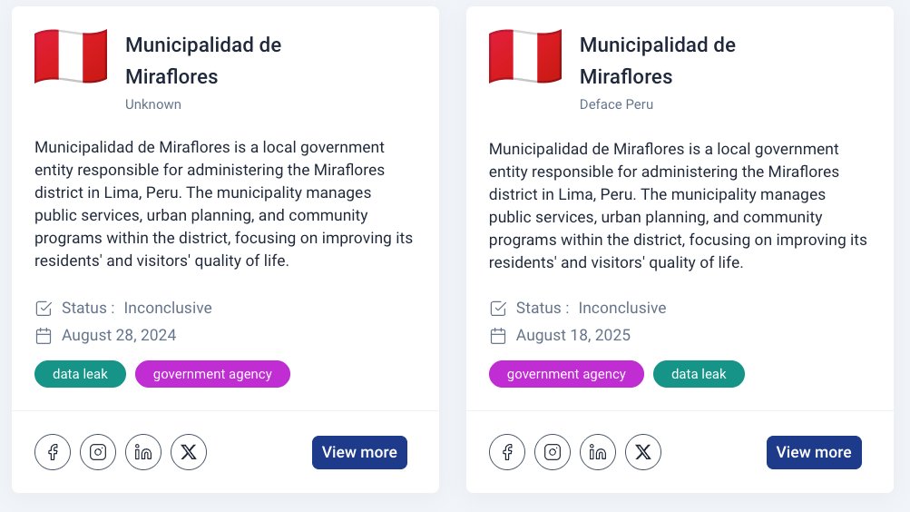 _venarixES_'s tweet photo. 🚨 Nuevo incidente ligado a la Municipalidad de Miraflores en #Lima, #Peru 🇵🇪 (@MuniMiraflores).
El grupo #hacker #DefacePeru publica otra exposición de datos (nombres, apellidos, DNI, emails) a casi 1 año del #dataleak...
@PeruPaisDigital
@MuniLima
@ContraloriaPeru
@presidenciaperu
Mas ℹ️ en #VenariX ➡️ https://t.co/OW9Te2XLmq
#ciberataque #Ciberseguridad #infosec #hackeo #DataBreach #CyberSec #CyberAttack #miraflores