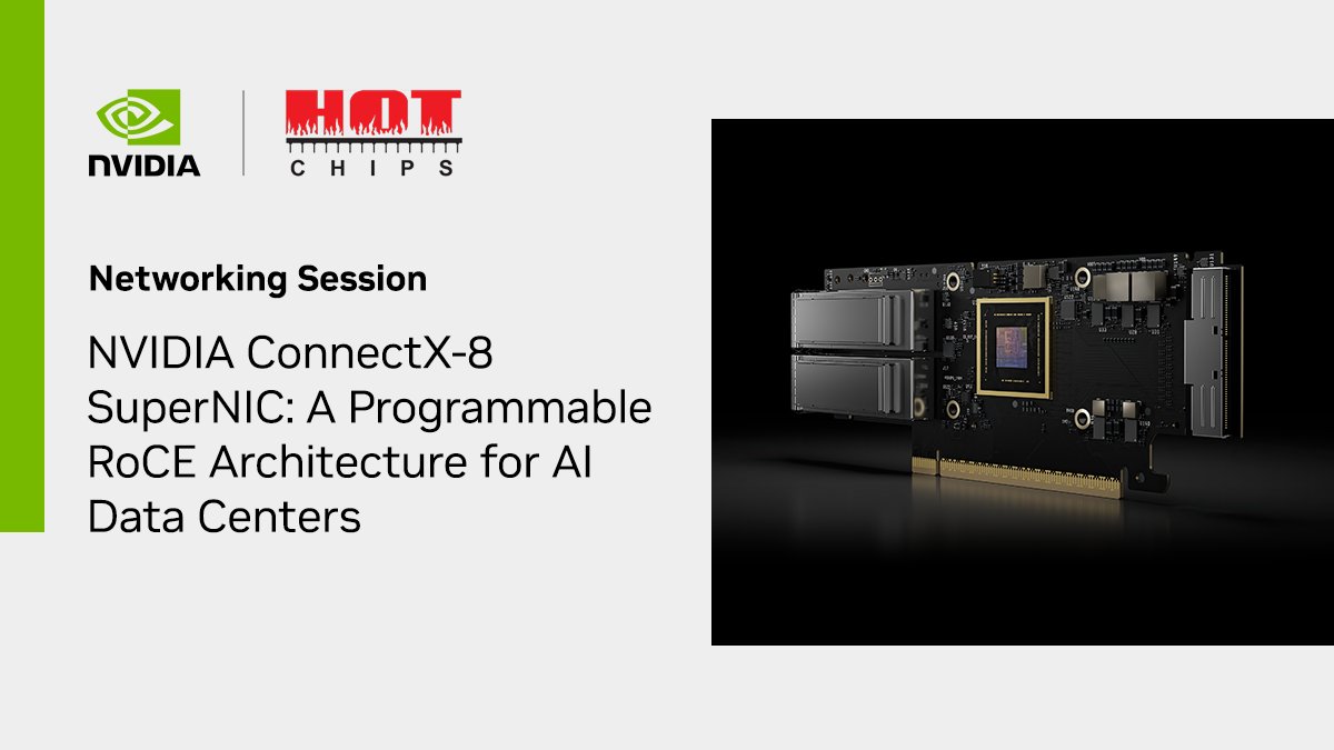 🚀 What does it take to accelerate hyperscale AI data centers?

Idan Burstein will unpack the NVIDIA ConnectX-8 SuperNIC at #HotChips, a groundbreaking programmable RoCE architecture, designed to supercharge bandwidth and data movement for demanding AI workloads.

- Delivers up