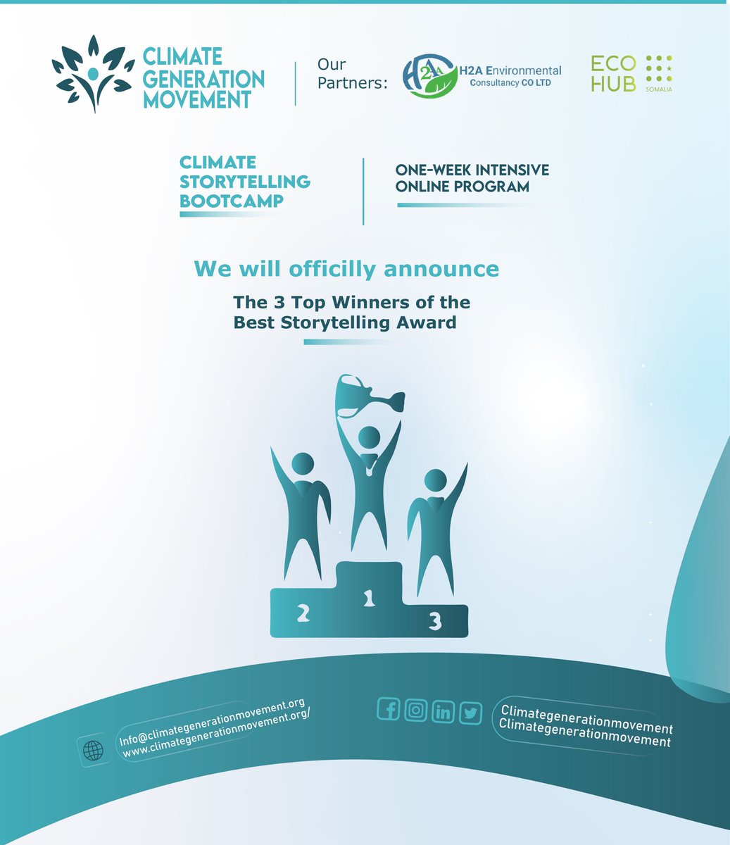 ClimateGenMove's tweet image. We are excited to share that tonight at 9:00 PM we will officially announce the Top 3 Winners of the Best Storytelling Award from the Climate Storytelling Bootcamp, organized by Climate Generation Movement.
