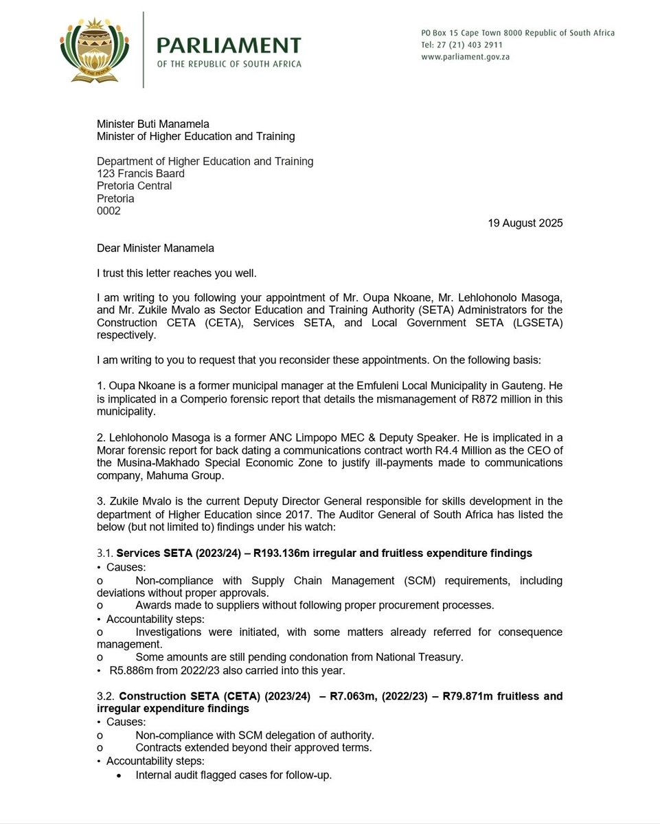 KaraboKhakhau's tweet photo. 🇿🇦 Higher Education Minister Buti Manamela Appoints R800-Million Corruption Implicated ANC cadres as SETA "Administrators." I wrote to him.  Here's my letter below https://t.co/xHbyCSDkkJ