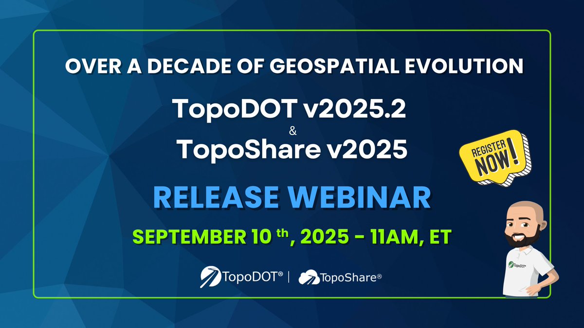 _TopoDOT's tweet image. Happy TopoDOT Tuesday! 💚 Celebrating nearly 15 years of geospatial evolution! 🚀 Join us in September for the release of TopoDOT v2025.2 &amp;amp; TopoShare v2025. Register for the webinar! 💻
#TopoDOTTuesday #GeospatialEvolution #RealityCapture #DigitalTwins