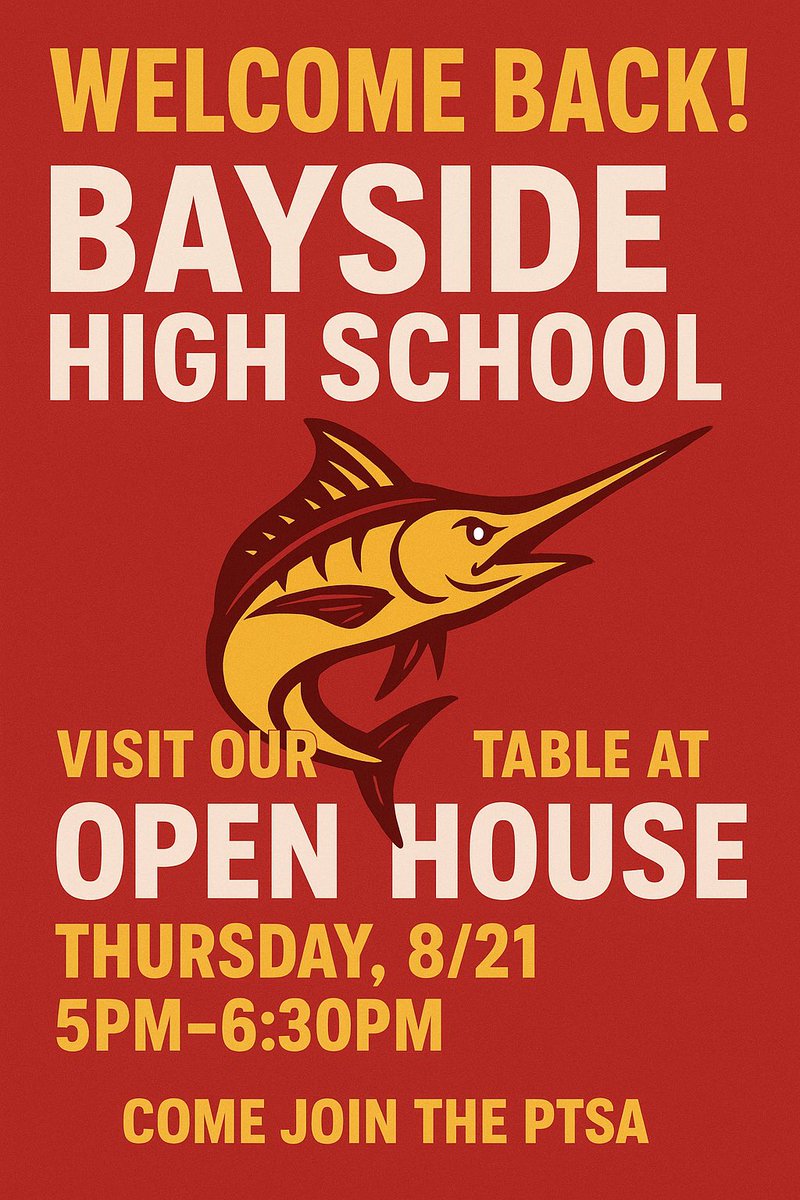 bhsvbptsa's tweet photo. 🎉 Welcome back, Bayside High students and families! 🎒✨

We’re excited to kick off another amazing school year! Stop by the PTSA table during Open House on Thursday, 8/21 from 5:00–6:30 PM.

#BaysideHighPTSA #BackToSchool #GetInvolved https://t.co/sRzxfRT4Wd
