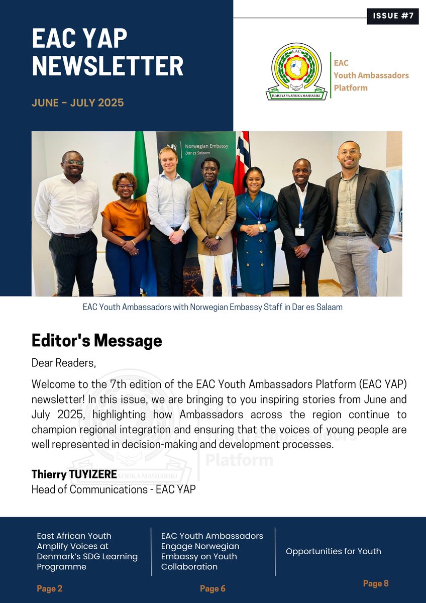 The #7thEdition of our newsletter is here! 

From building partnerships to advancing #SDGs implementation, EAC Youth Ambassadors have been actively shaping change throughout June and July.

Read more about their work here ➡️tinyurl.com/eacyap7

#WeMoveIt