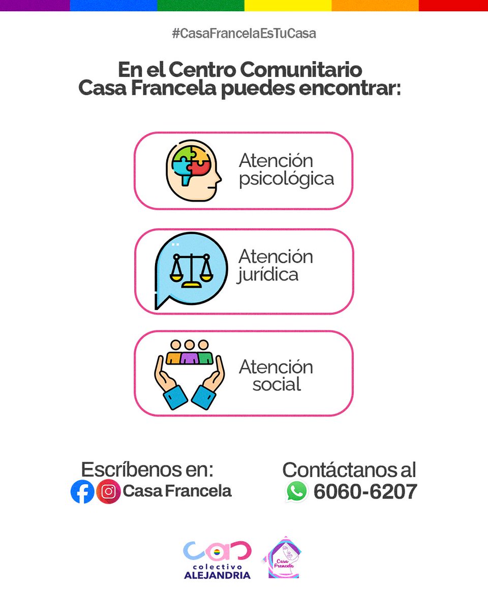 👉Un espacio seguro, inclusivo y lleno de respeto 🫶✨

👉 En nuestro Centro Comunitario Casa Francela encontrarás atención psicológica, legal y social para la población LGBTIQ+ y sus familias.

📞 ¡No estás solx! Podés llamarnos al 6060-6207 y recibir el apoyo que mereces. 🏳️‍🌈