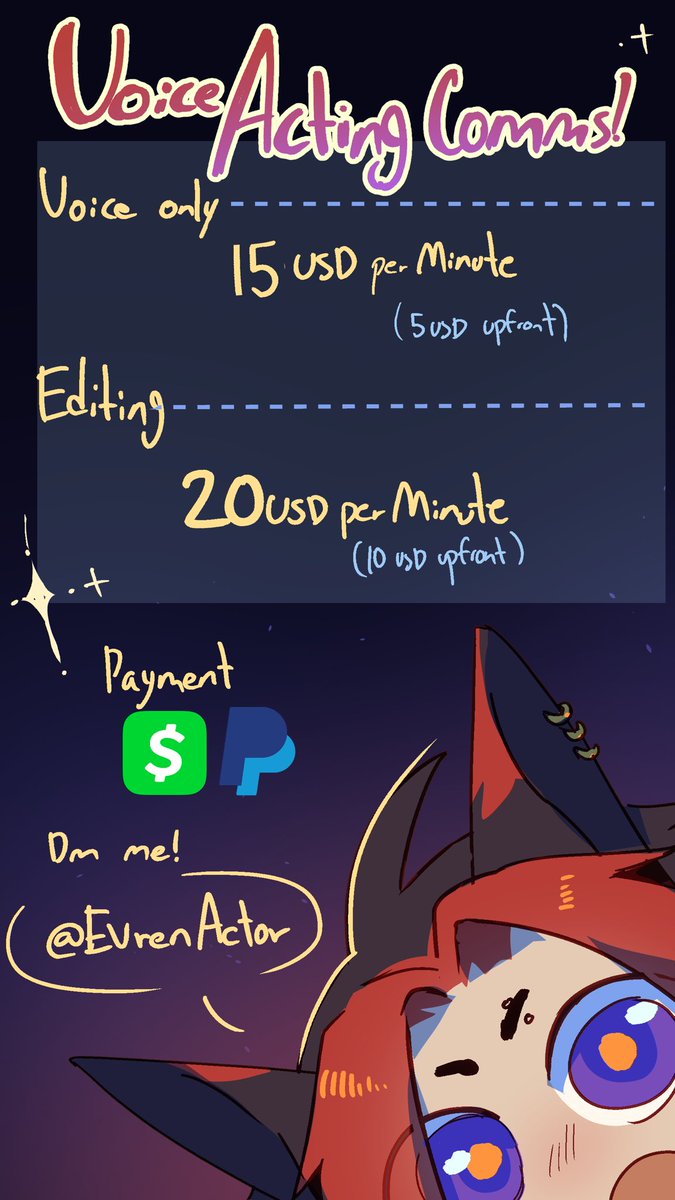HELLO! 

My comms are open for voice acting and editing! 

Please consider commissioning me

(Thank you <a href="/TottalyaW31rd0/">TottalyaW31rd0🔞 🇲🇽 (3/3)</a> for the cute price sheet)