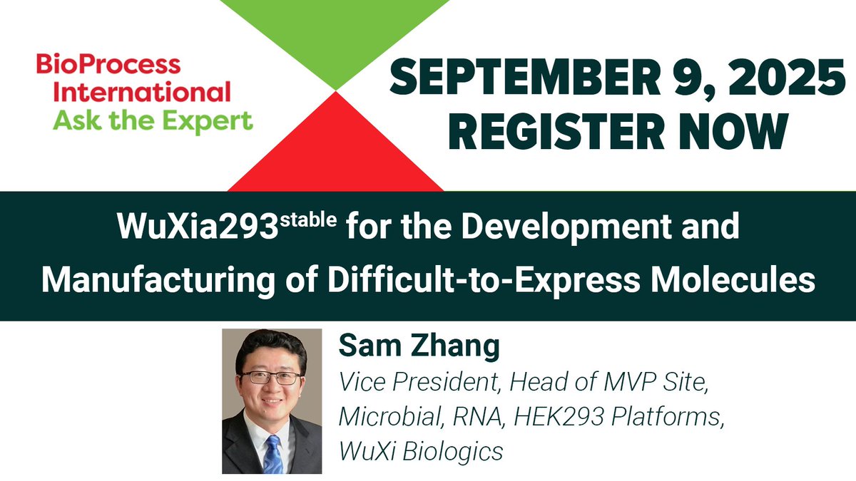 BioProcess Intl. (@bioprocessintl) on Twitter photo Please join us for a #BPIAskTheExpert on "WuXia293Stable for the Development and Manufacturing of Difficult-to-Express Molecules."
Date: Tues. Sept. 9 at 11 AM ET.
Featuring: Sam Zhang, <a href="/WuXiBiologics/">WuXi Biologics</a>.
Register Now:
spr.ly/6019foCfS Please join us for a #BPIAskTheExpert on "WuXia293Stable for the Development and Manufacturing of Difficult-to-Express Molecules."
Date: Tues. Sept. 9 at 11 AM ET.
Featuring: Sam Zhang, <a href="/WuXiBiologics/">WuXi Biologics</a>.
Register Now:
spr.ly/6019foCfS