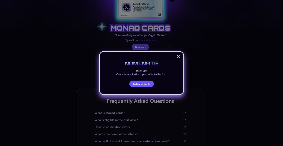 Excited to nominate <a href="/X2C/">X2C</a> OGs <a href="/KingTowdah/">MaiKing✨🔥🪁</a> <a href="/jirikofff30589/">vlad jirikof</a> for the <a href="/monad/">Monad (mainnet arc)</a> card!

As for the last one, have chosen <a href="/q_Rumata_p/">R⨀man</a> based on the raffle with the following criteria!  

Flappy Trump OG - 10 entries  
Town Square OG - 7 entries  
Flapper - 5 entries  
Townie - 5 entries