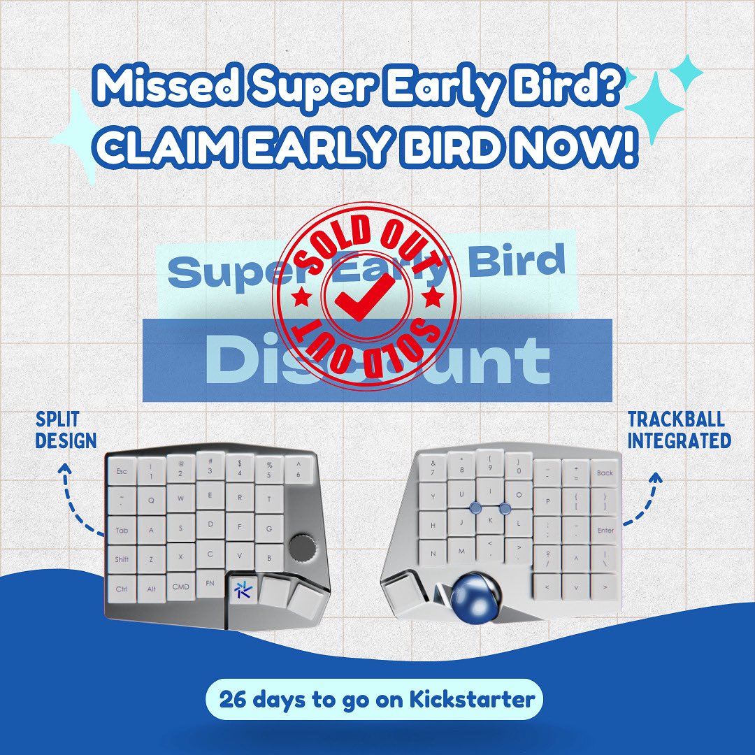 UniboardTech's tweet image. Our Super Early Bird tickets are SOLD OUT! A limited number of Early Bird discounts are still available. Grab yours before they‘re gone and secure your keyboard at the best possible price!

kickstarter.com/projects/unibo…

#keyboard #kickstarter #splitkeyboard