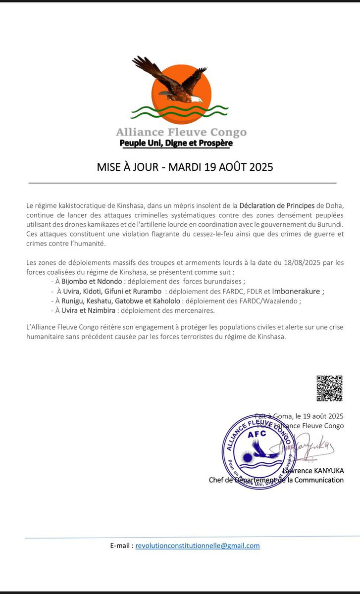 Le régime de kakistocratique de Kinshasa , dans in mépris insolent de la Déclaration de Principes de #Doha, continue de lancer des attaques criminelles systématiquecontre les #Banyamulenge en utilisant des drones Kamikazes et de l’artillerie lourde en coordination avec Le