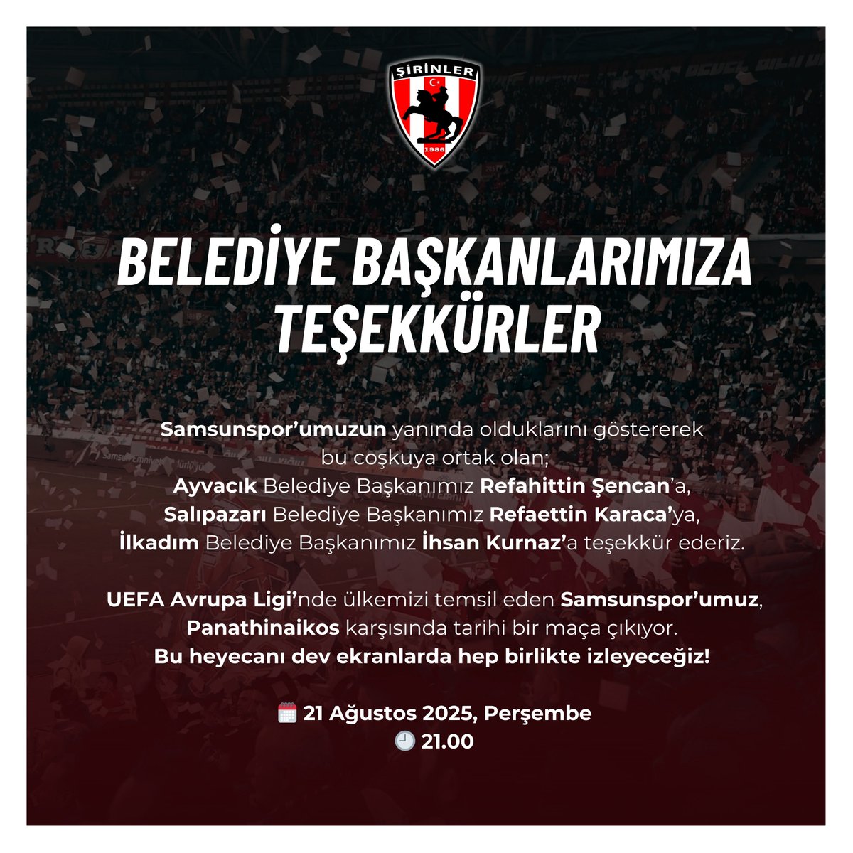 Samsunspor’umuzun yanında olduklarını göstererek bu coşkuya ortak olan;
Ayvacık Belediye Başkanımız Refahittin Şencan’a, Salıpazarı Belediye Başkanımız Refaettin Karaca’ya (<a href="/krcrefaettin/">refaettinkaraca</a>), İlkadım Belediye Başkanımız İhsan Kurnaz’a (<a href="/ihsankurnaz55/">İhsan Kurnaz</a>) teşekkür ederiz. 

UEFA Avrupa