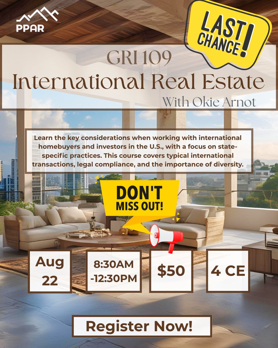 Last chance to register for this very informative class! You'll gain insight into international real estate transactions, legal requirements, and the role of diversity when working with global buyers and investors.
Click here to register : loom.ly/AtniYWw