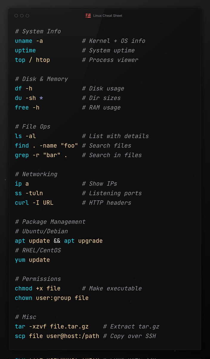 Mastering Linux is non-negotiable in DevOps

Here’s a compact cheat sheet I keep coming back to for system info, networking &amp; more.
